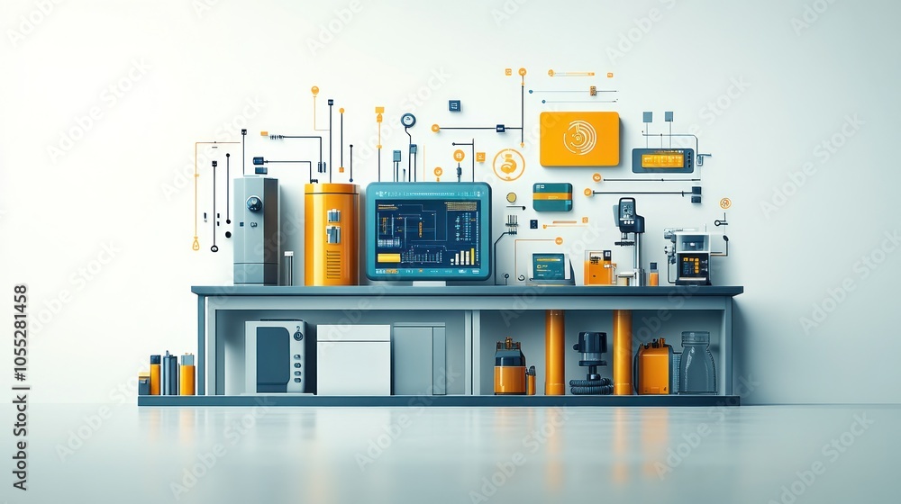 Poster modern laboratory workspace with digital interfaces and equipment