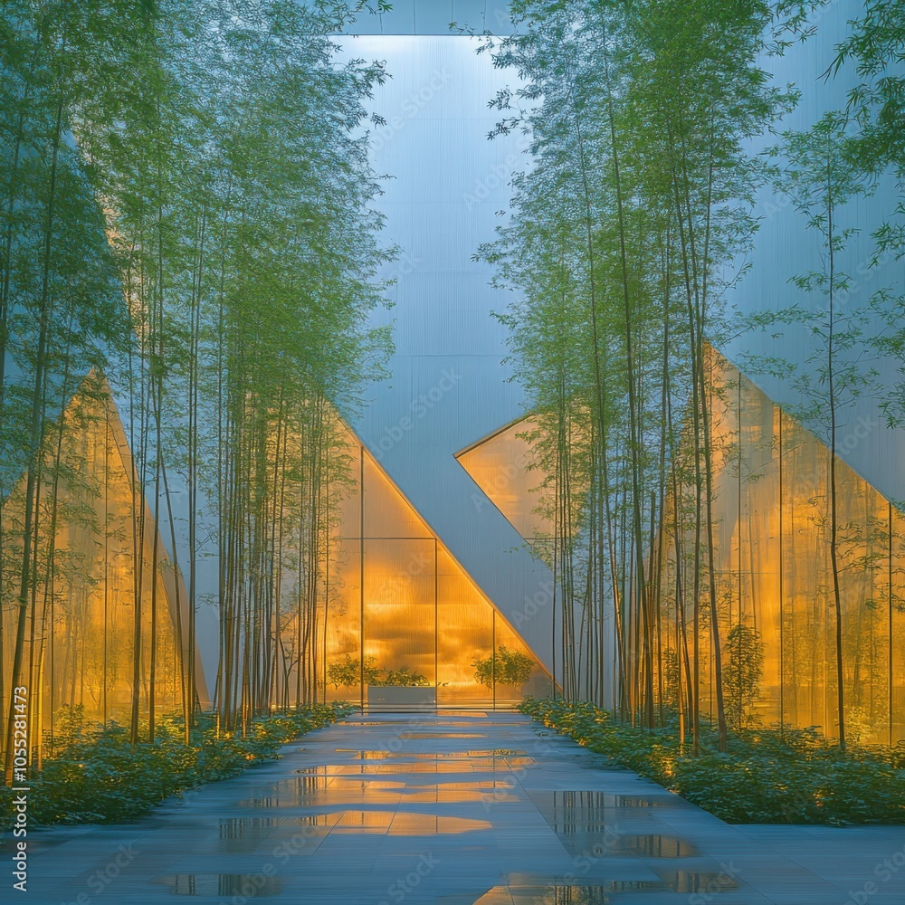 Poster exploring the harmony of contemporary geometric architecture through intersecting planes and natural