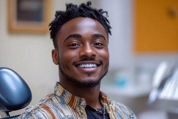 Client in clinic: Smiling patient in dental clinic showing his new teeth.