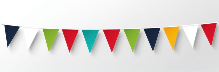 Obraz premium Minimalist pennant banner: Triangular flags evenly spaced, hanging on a white background.