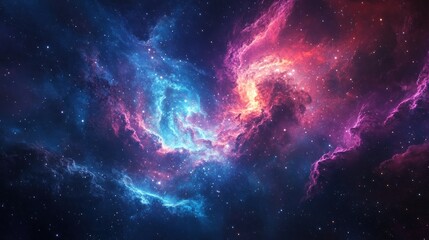 A swirling nebula in space with blue and red hues and stars.
