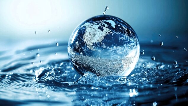 Planet Earth in the form of a globe in transparent water with splashes. Concept of eco friendly behavior and keeping water clean