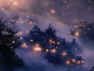 Obraz premium A misty night landscape featuring glowing houses nestled in the fog, illuminated against a starry sky, creating a tranquil and enchanting atmosphere.