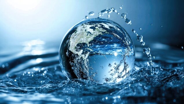 Planet Earth in the form of a globe in transparent water with splashes. Concept of eco friendly behavior and keeping water clean