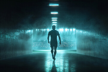 Fototapeta premium Player Walking Through Dark Tunnel Before Soccer Game