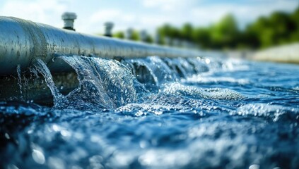 Water treatment tank with wastewater, aeration process in blue color