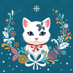 Cute cat with a New Year s wreath.