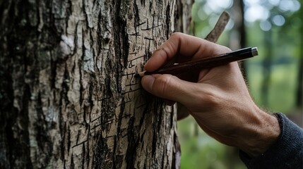 A hand is carving designs into a tree trunk with a pen, showcasing nature and creativity in a serene outdoor setting.