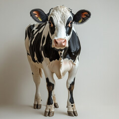 A black and white cow stands facing forward on light tan ground.

