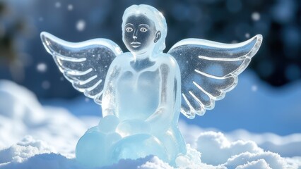 Glass angel with shimmering wings stands in pristine snow, casting a peaceful and ethereal glow under a soft, glowing winter sky.