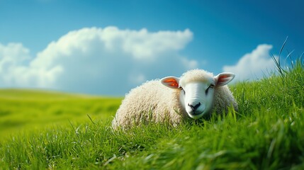 Obraz premium White sheep enjoying green hills with bright blue sky and white clouds in the background