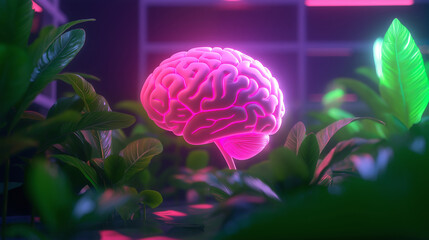 Concept of World Mental Health Day. Banner with neon light of pink human brain on background of tropical green leaves.