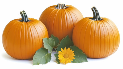 Three Pumpkins with a Flower, autumn, fall, harvest, orange, yellow