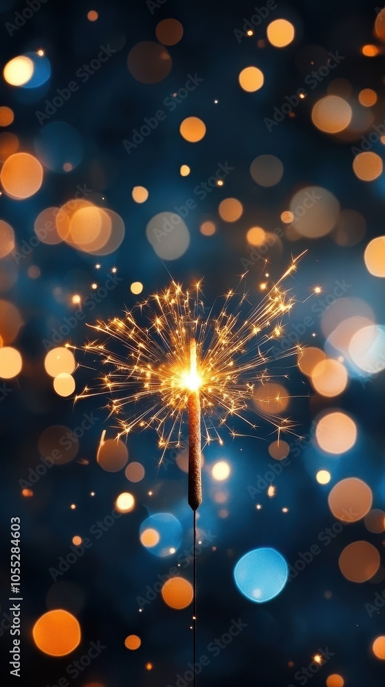 Poster sparkler with bokeh lights in dark blue background