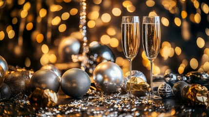 Gold and silver balloons with shiny ribbons and party decor, New Year mood, copy space
