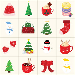 Collage of images including a snowman,christmas tree,sweet,red cup,scarf,hat,christmas set for design,vector illustration.