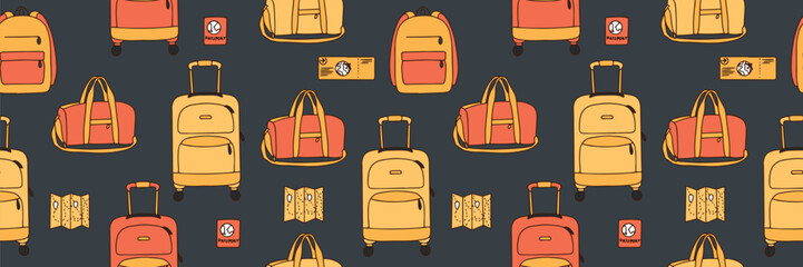 Seamless pattern of travel bags, suitcases, tourist backpack in doodle style, things for traveling and vacation. Hand drawn vector seamless pattern. Background, wallpaper. Colorful fashion