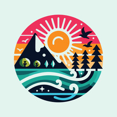 Retro Nature Landscape Logo with Sunrise and Mountains