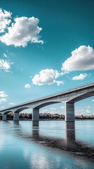 Concrete bridge spanning a wide river on a bright blue sky background with white clouds