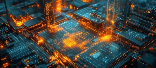 Abstract 3D rendering of a glowing orange and blue circuit board.