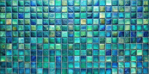 Fototapeta premium Geometric mosaic tiles with iridescent sheen in shades of blue and green, abstract wallpaper, high-end interior design, geometric patterns, shimmering effect