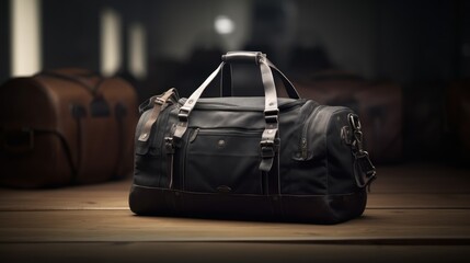 Black Leather Duffle Bag On A Wooden Surface