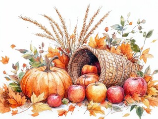 Autumnal Bounty A Watercolor Depiction of a Festive Cornucopia Overflowing with Pumpkins Apples Wheat Stalks and Autumn Leaves Capturing the Essence of the Harvest Season