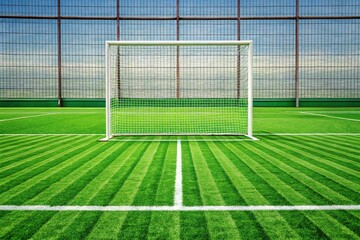 Grid-patterned football field background with green grass and white goalposts, athletic field, rectangular shapes, green color, green scenery, sporty atmosphere