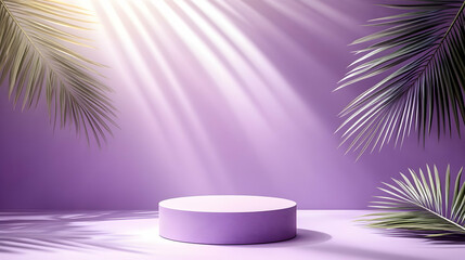 Obraz premium Purple Podium with Palm Leaves and Sunlight, platform, pedestal, product display, mockup, presentation
