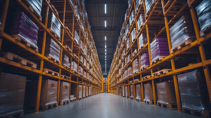 Fototapeta premium Warehouse Storage Shelves, pallets, boxes, distribution center, logistics, inventory
