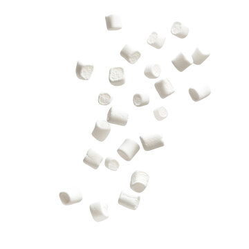 Flying falling marshmallows isolated on white or transparent background.