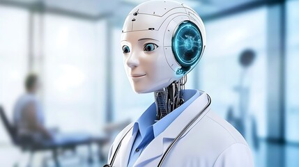 Closeup of a robotic doctor with a friendly facial expression, showcasing advanced technology and efficiency in diagnosing and treating patients in a modern healthcare facility.
