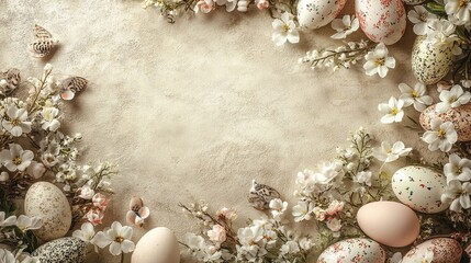 Fototapeta premium Design a cheerful copy space background for Easter, featuring soft pastel colors, decorated eggs, and delicate spring flowers, creating a warm and inviting space for holiday messages.