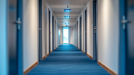 Empty hotel corridor with blue carpet, hallway, aisle, blue flooring, doors, white walls