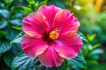 Large hibiscus flower with bright pink petals and yellow center in a garden setting, flowers, hibiscus flowers, plant life