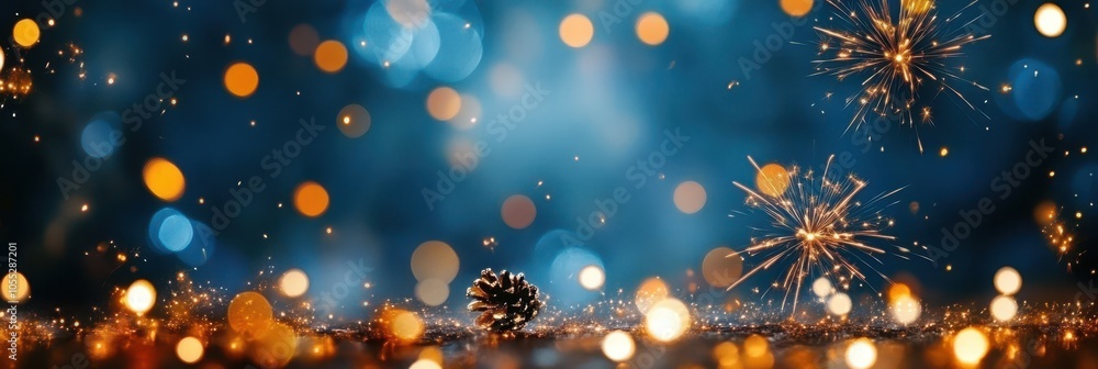 Poster fireworks display on dark blue background with bokeh