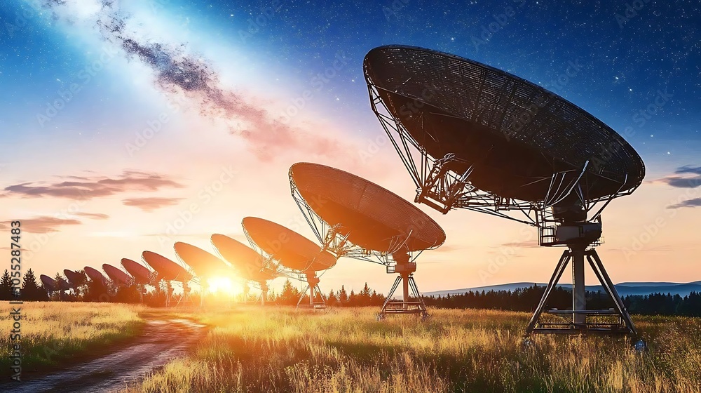 Wall mural a futuristic depiction of a hightech radio telescope array scanning the cosmos for signals of intell