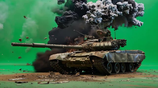 3D visualisation of Military tank on green screen chroma-key background