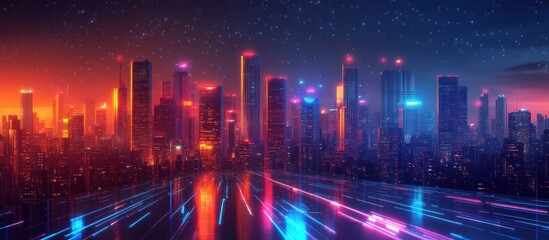 Fototapeta premium Neon cityscape with glowing lights and streaks of light.
