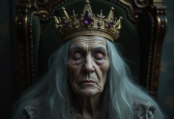 Obraz premium A cinematic photo of an old queen sleeping on a throne