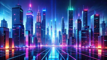 Mind-bending, neon-lit cityscape with towering skyscrapers and distorted streets, abstract city, distorted