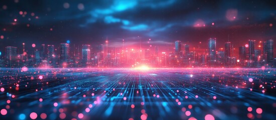 Futuristic city skyline with glowing lights and digital network lines in the foreground.