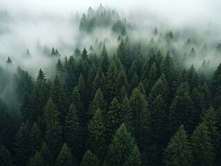 Misty forest with tall pine trees, atmospheric landscape