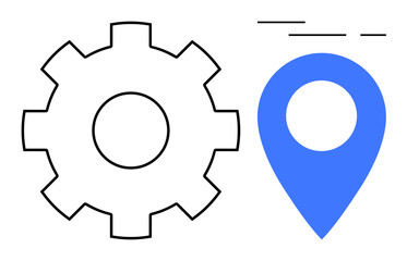 Gear icon next to blue location pin with lines symbolizing movement or speed. Ideal for settings, location services, travel planning, GPS navigation, tech user interfaces, map applications
