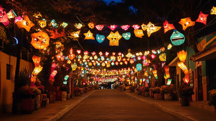 Naklejka premium festive street lined with colorful lanterns and decorations, creating vibrant atmosphere at night. warm glow of lights enhances joyful ambiance