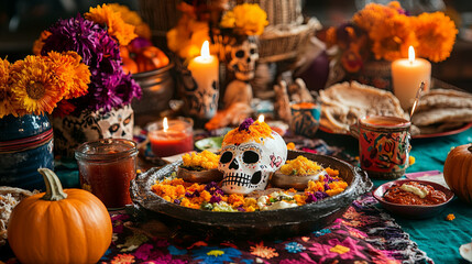 Fototapeta premium vibrant festive table setting featuring decorated skull, colorful flowers, and traditional dishes, creating joyful atmosphere for celebration