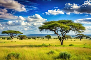 Obraz premium Open grasslands with scattered trees and acacia trees in the background, earthy tones, tree lines, natural scenery, grasslands, open spaces