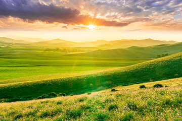 panoramic spring season landscape of beautiful greel field with yellow and salad hills and mountains in countryside