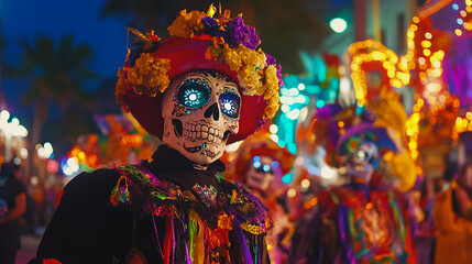 vibrant night scene of Dia de los Muertos parade featuring colorful skeleton figures adorned with flowers and intricate designs, celebrating life and remembrance