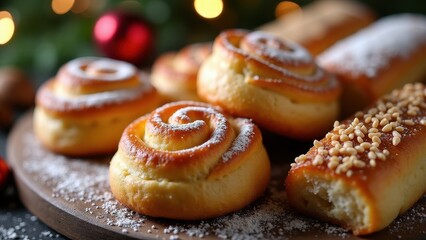 Freshly baked cinnamon rolls dusted with powdered sugar on a wooden board. Christmas ornaments and tree lights in the background create a cozy scene.